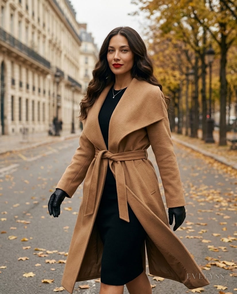 EVELYSS in a long camel wool wrap coat belted at the natural waist on an autumn avenue