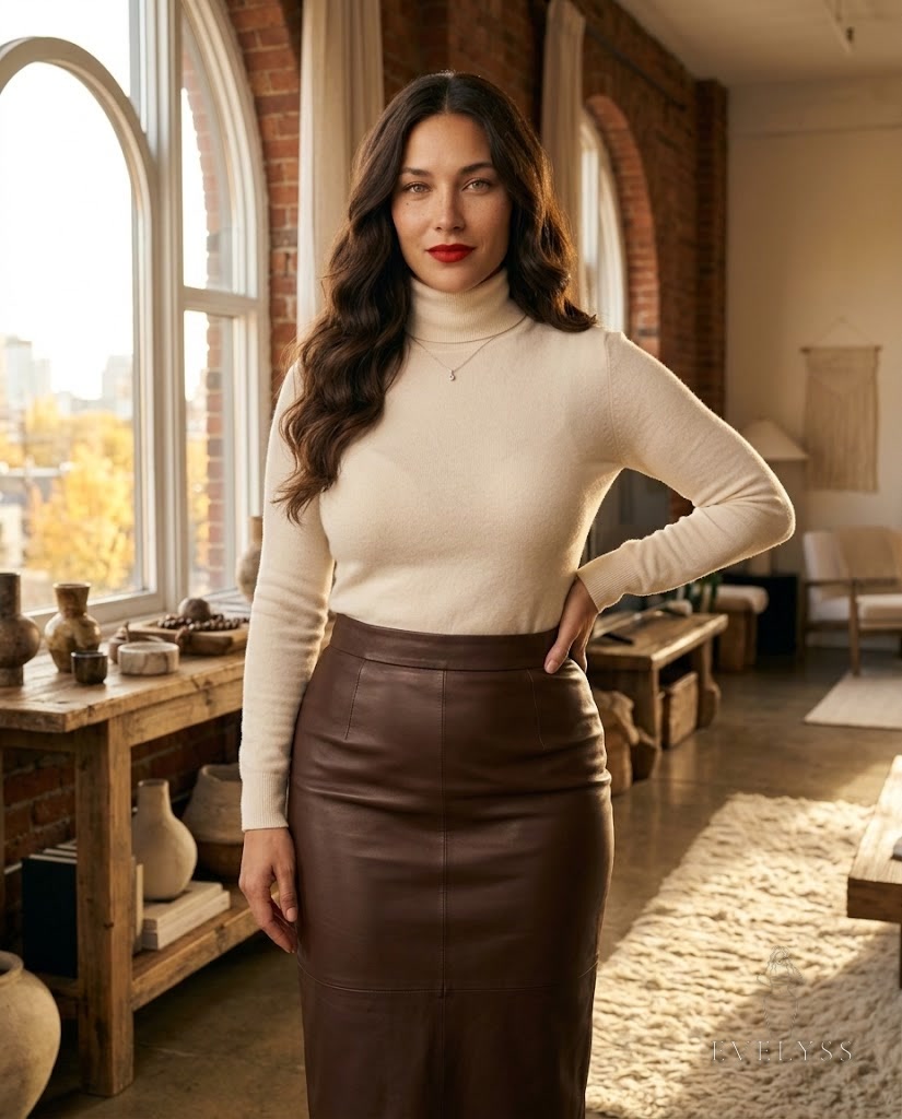 EVELYSS in a cream cashmere turtleneck and a chocolate leather midi pencil skirt