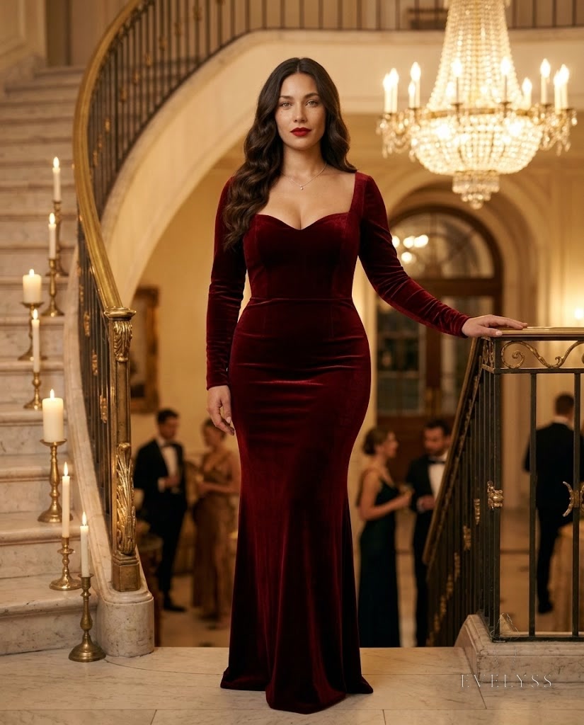 EVELYSS in a floor-length oxblood velvet gown on a candlelit staircase, styled with warm gold tones
