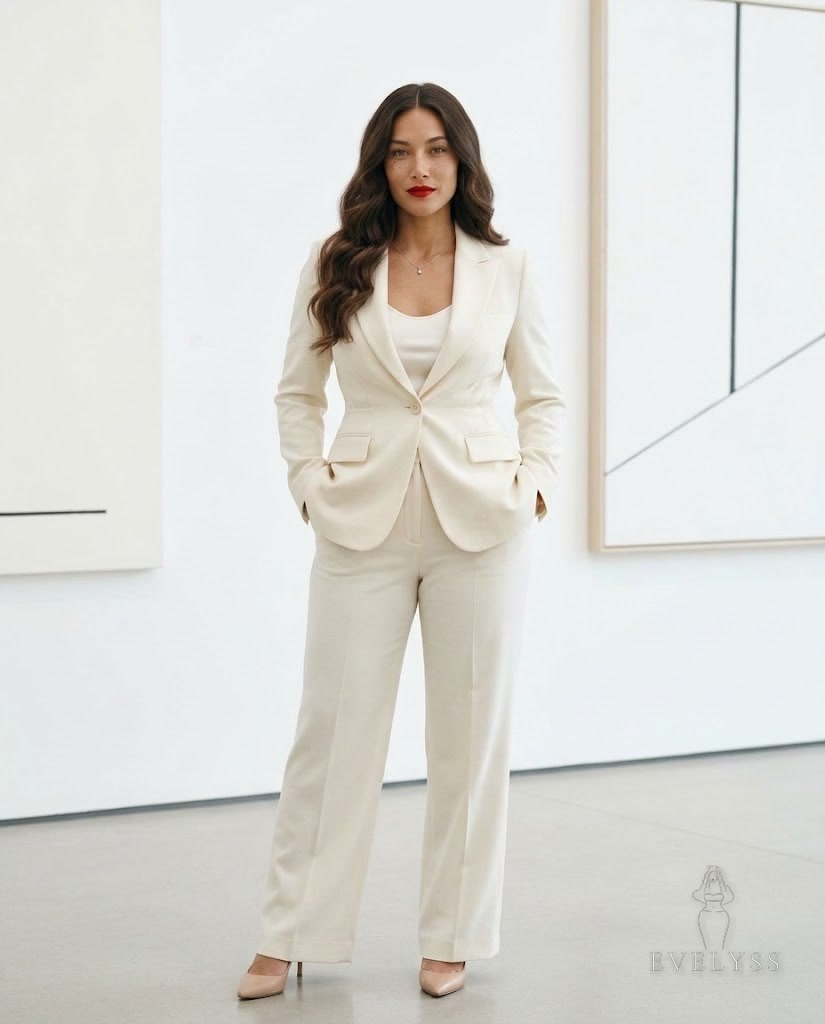 EVELYSS in a tailored ivory wool trouser suit with the jacket cinched at the waist