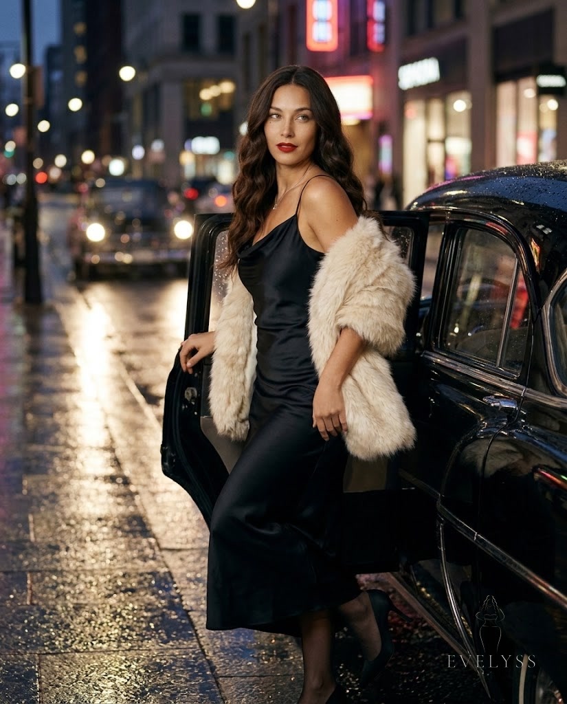 EVELYSS in a black satin cowl gown with a cream faux-fur stole on a city street at night, covering bare shoulders for winter