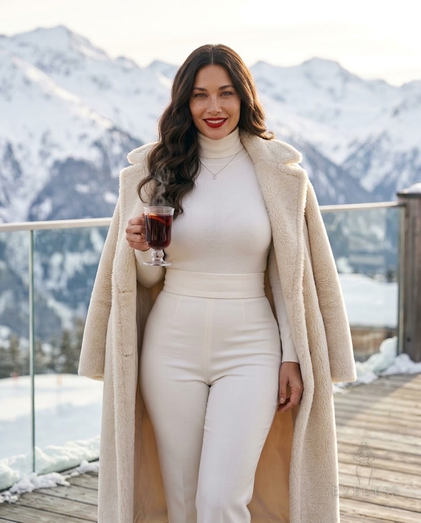 EVELYSS in a white turtleneck jumpsuit and shearling coat on a snowy lodge terrace