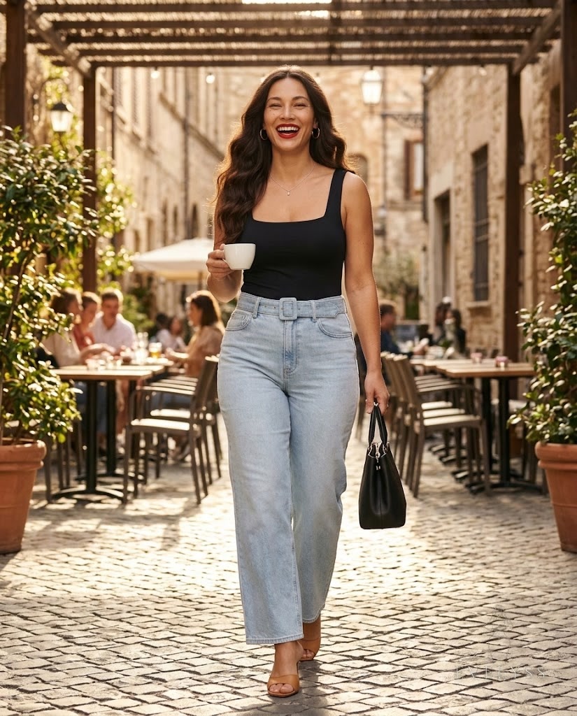 EVELYSS in high-rise light-wash wide-leg jeans and a fitted black bodysuit on a café terrace
