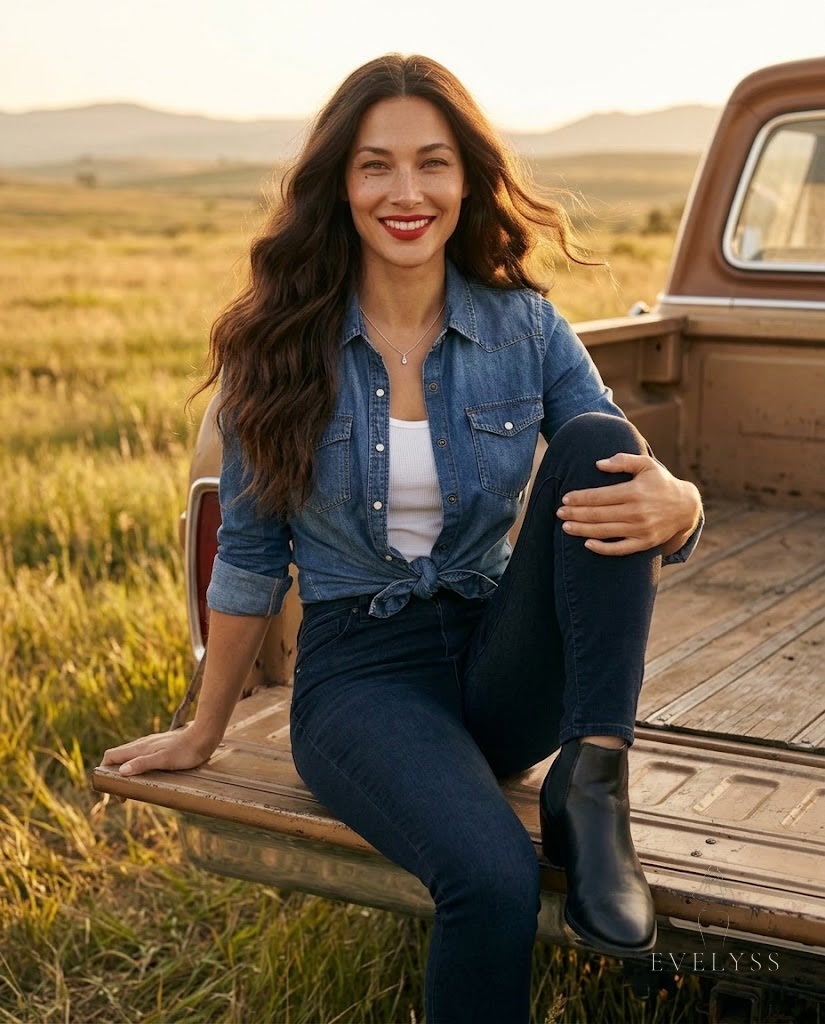 EVELYSS in a light knotted denim shirt and dark high-rise jeans on a pickup tailgate at golden hour