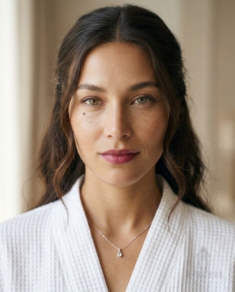 EVELYSS with dewy skin, visible freckles and a sheer berry lip in a no-makeup makeup look
