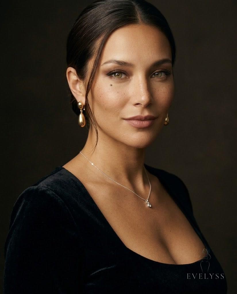 EVELYSS with a bronze smoky eye, winged liner and a sleek low chignon