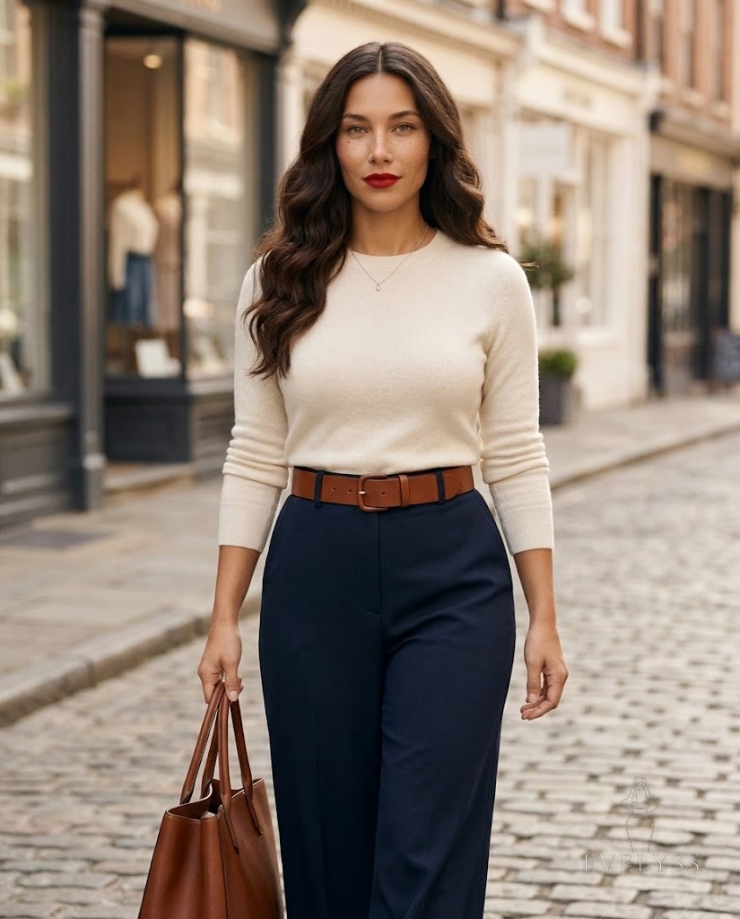 EVELYSS in a cream knit, saddle leather belt and navy wide-leg trousers on a cobblestone street