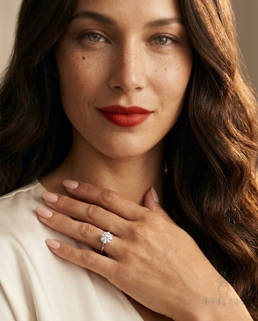EVELYSS with a round diamond solitaire engagement ring, her hand resting at her collarbone
