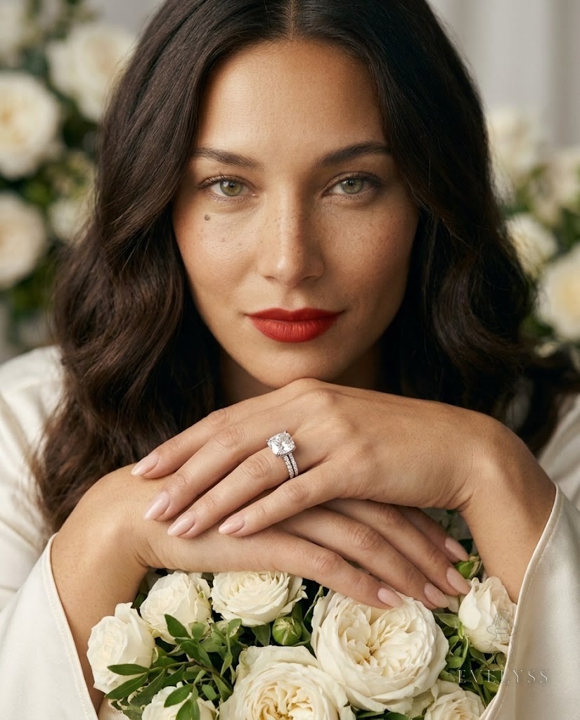 EVELYSS wearing a cushion-cut diamond engagement ring with a pavé wedding band over white garden roses