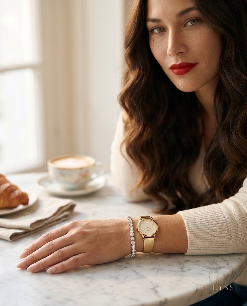 EVELYSS with a diamond tennis bracelet and a slim gold watch resting on a marble café table