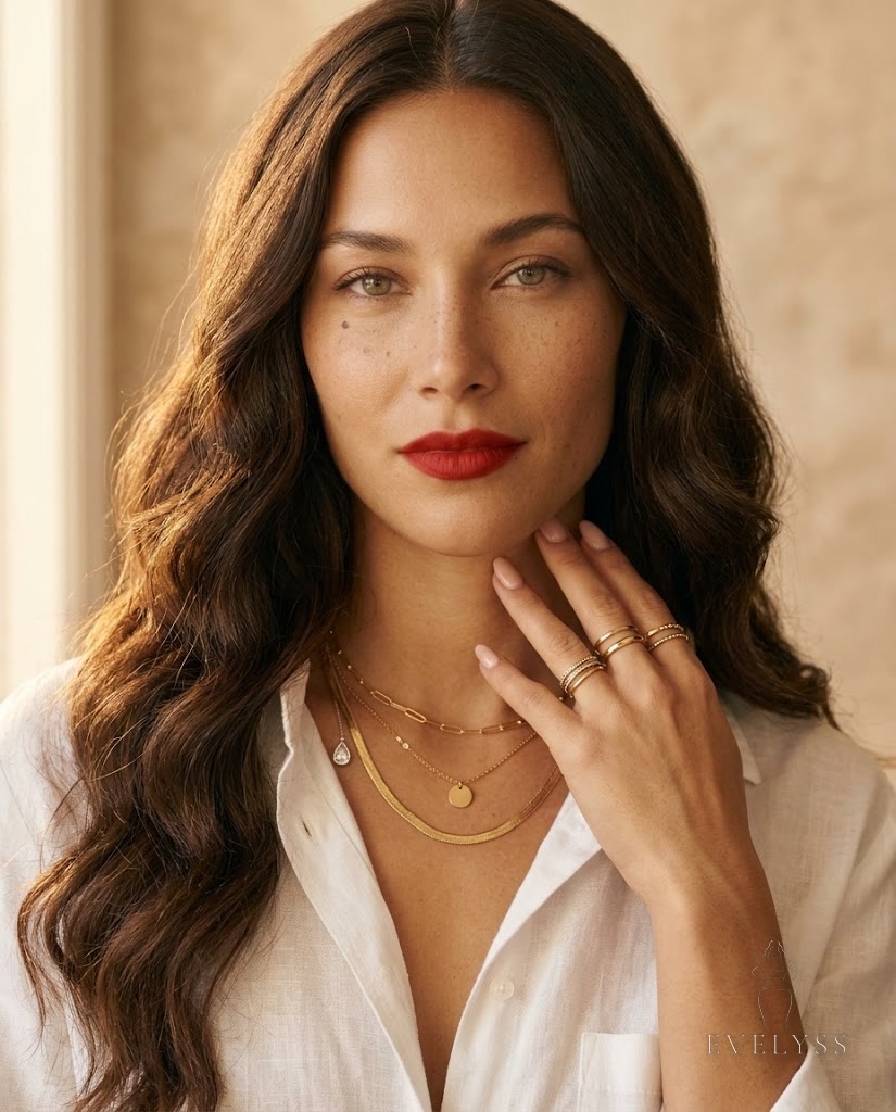 EVELYSS in layered fine gold necklaces of staggered lengths with an open white linen shirt and stacked gold rings
