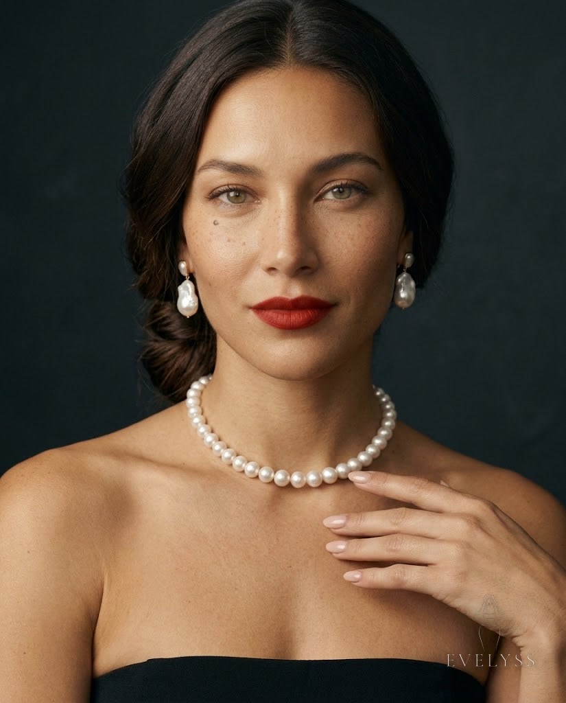 EVELYSS wearing a strand of white pearls with mismatched baroque pearl drop earrings