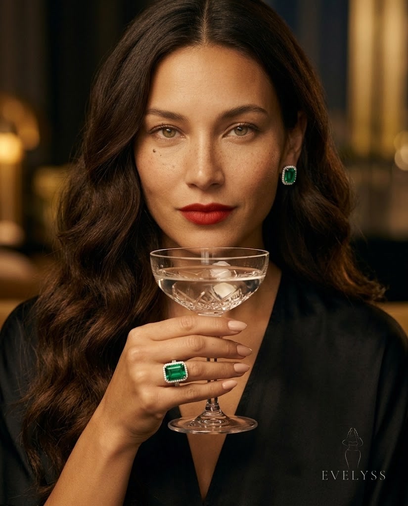 EVELYSS wearing an emerald-cut emerald cocktail ring framed in diamonds on its own while holding a champagne coupe