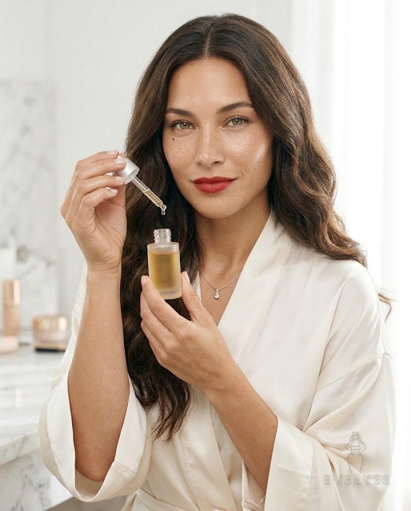 EVELYSS holding a frosted-glass dropper bottle of golden serum at a marble vanity