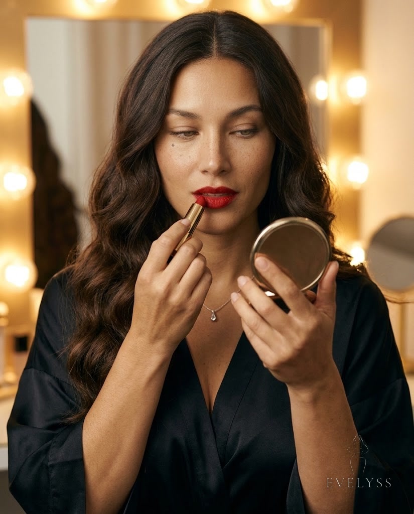 EVELYSS applying a classic red lipstick from a gold bullet with a vintage compact mirror