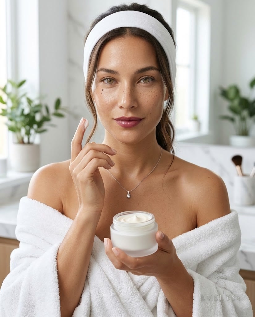 EVELYSS with a jar of rich face cream in a bright minimalist bathroom