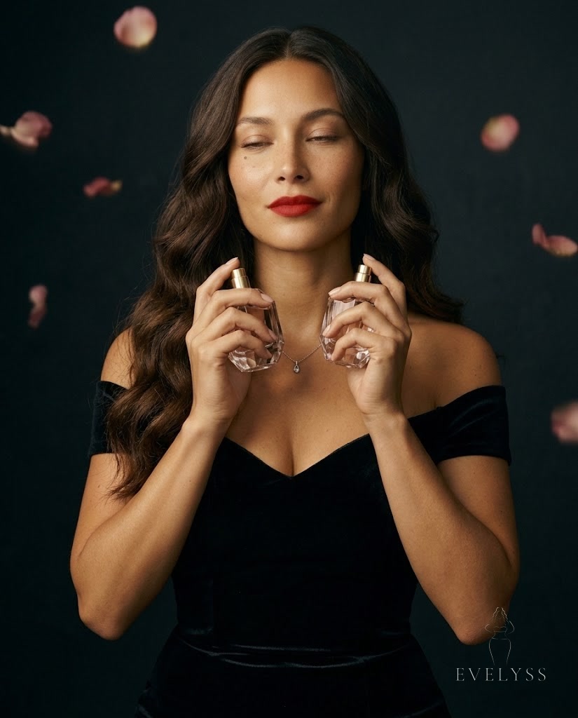 EVELYSS holding a faceted crystal perfume bottle in black velvet among falling rose petals