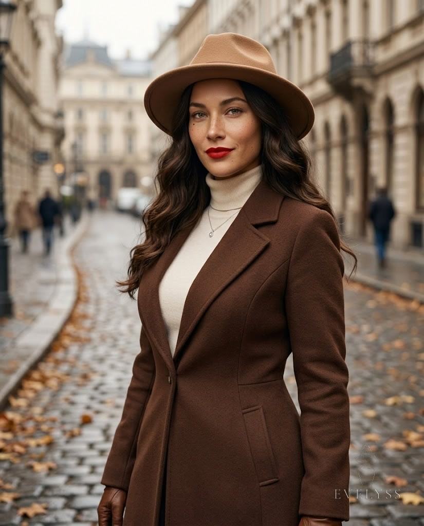 EVELYSS in a camel wool fedora and long chocolate-brown coat on an autumn street