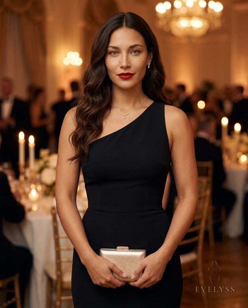 EVELYSS holding a champagne-gold box clutch in a black one-shoulder gown at a gala