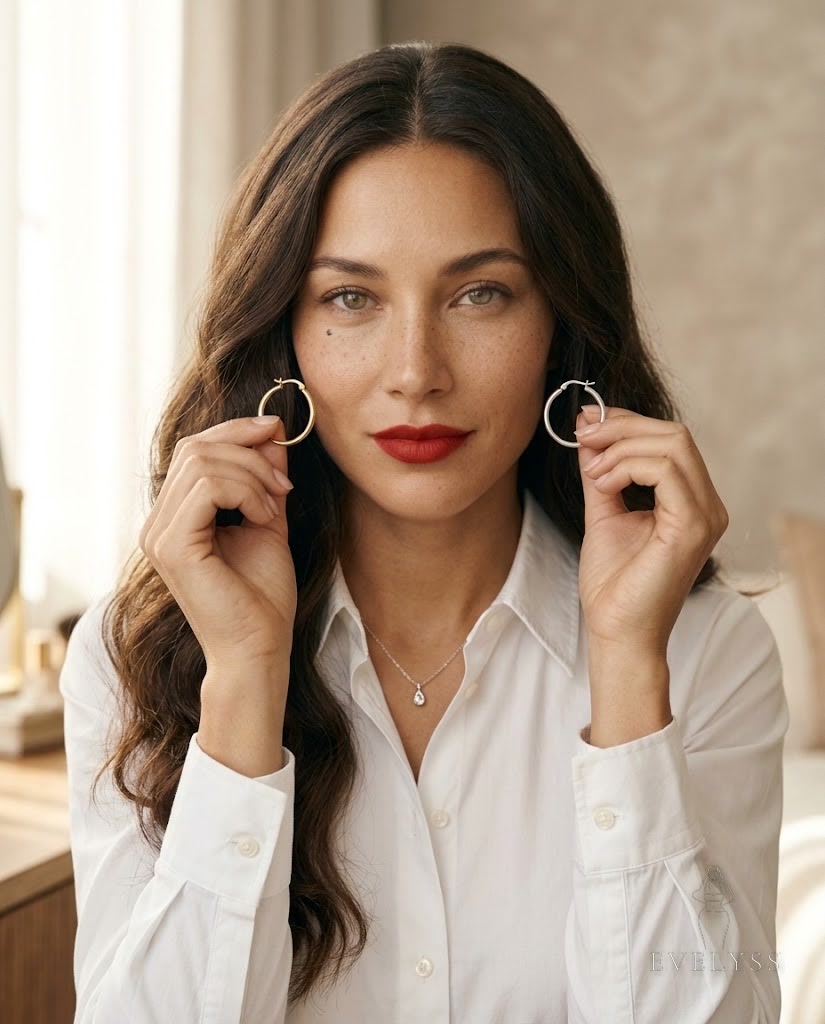 EVELYSS holds one gold hoop earring and one silver hoop earring up beside her face, comparing them against her skin