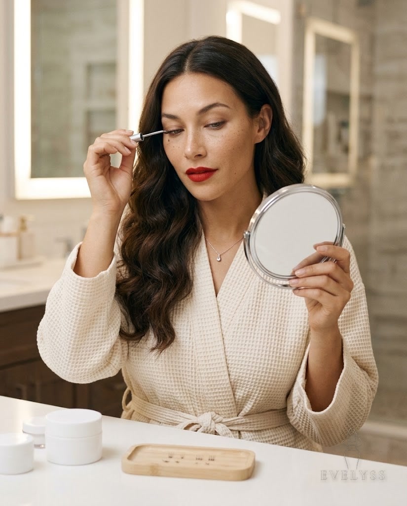 EVELYSS , a with espresso-brown center-part waves tucked behind one ear, a small beauty mark and her classic red lip
