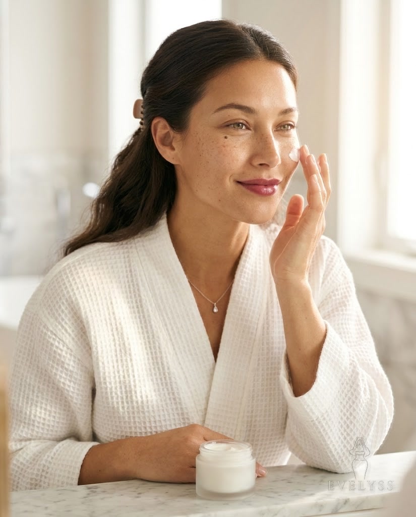 EVELYSS applying moisturizer to her cheek in a bright bathroom