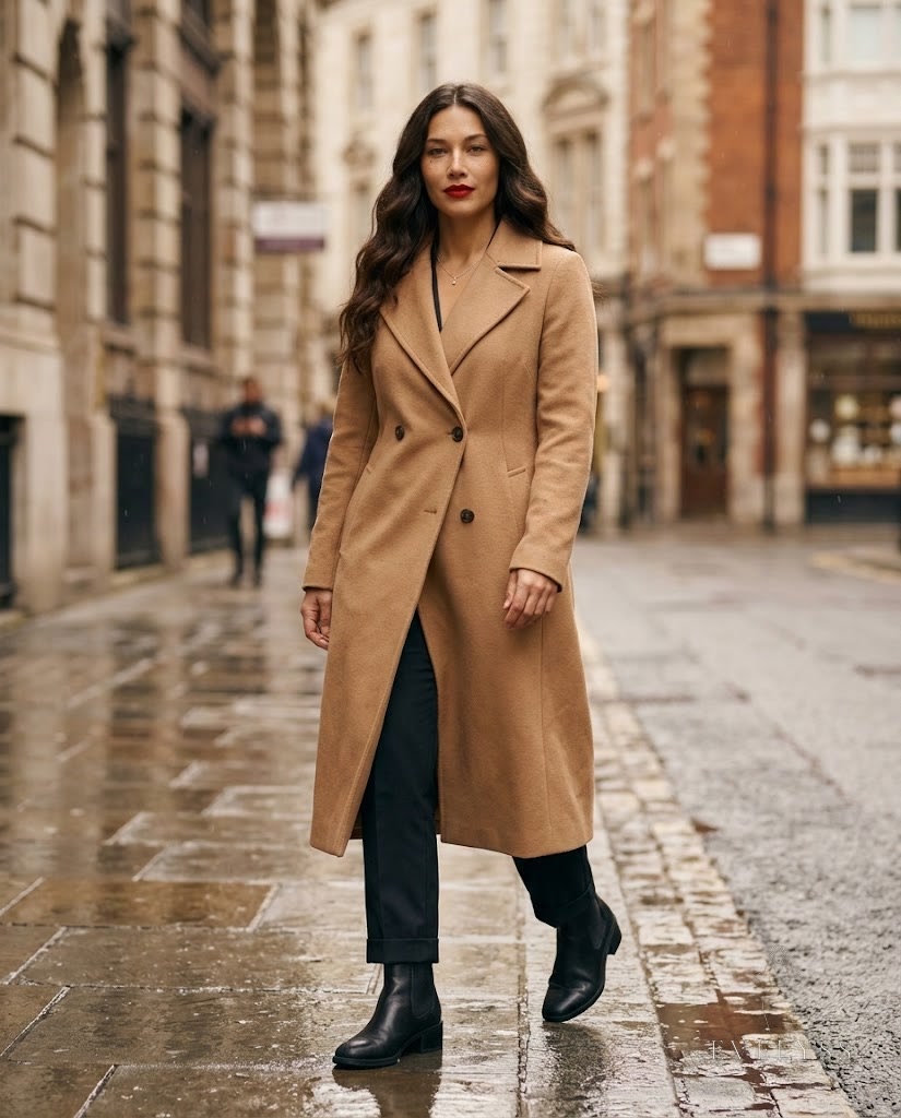 EVELYSS sleek black leather waterproof Chelsea boots with a low heel under dark straight trousers