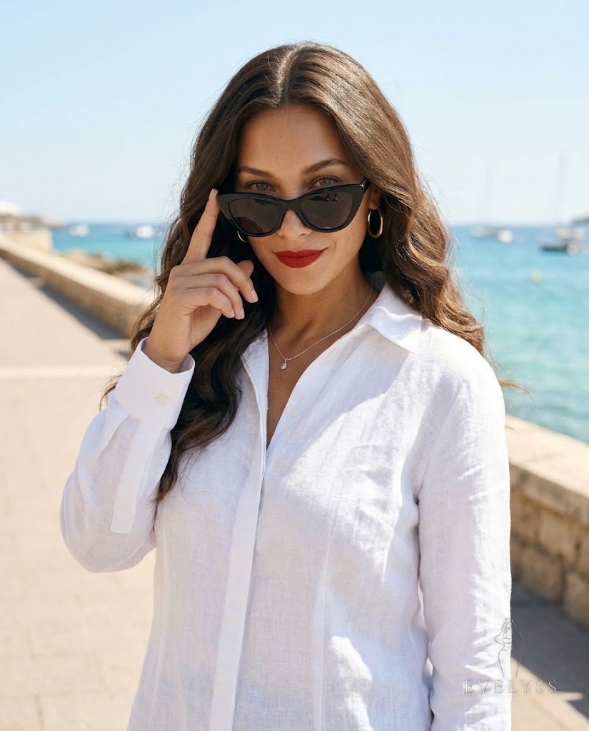 EVELYSS lowering oversized black cat-eye sunglasses on a seaside promenade