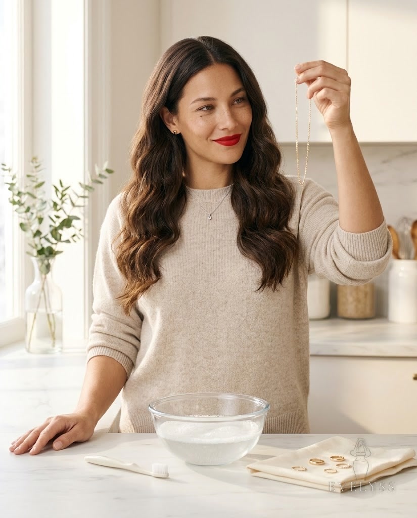 EVELYSS at a sunlit white marble kitchen counter on a bright winter morning, a plain glass bowl of soapy water