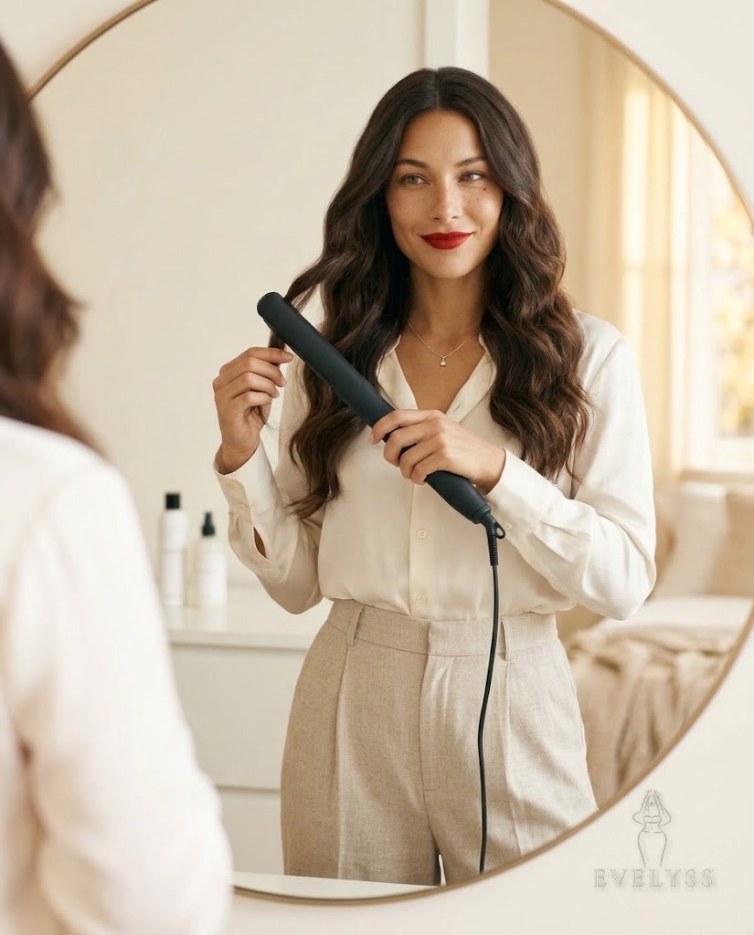 EVELYSS , a with espresso-brown center-part hair styled into glossy, loose flat-iron waves past her shoulders