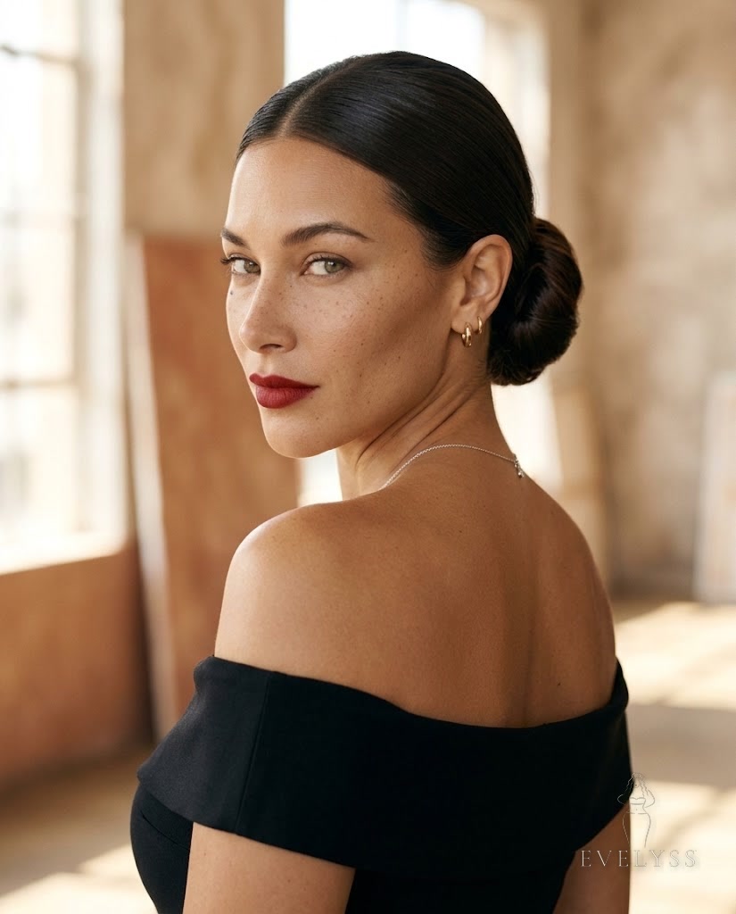 EVELYSS with her hair in a sleek, glossy low bun