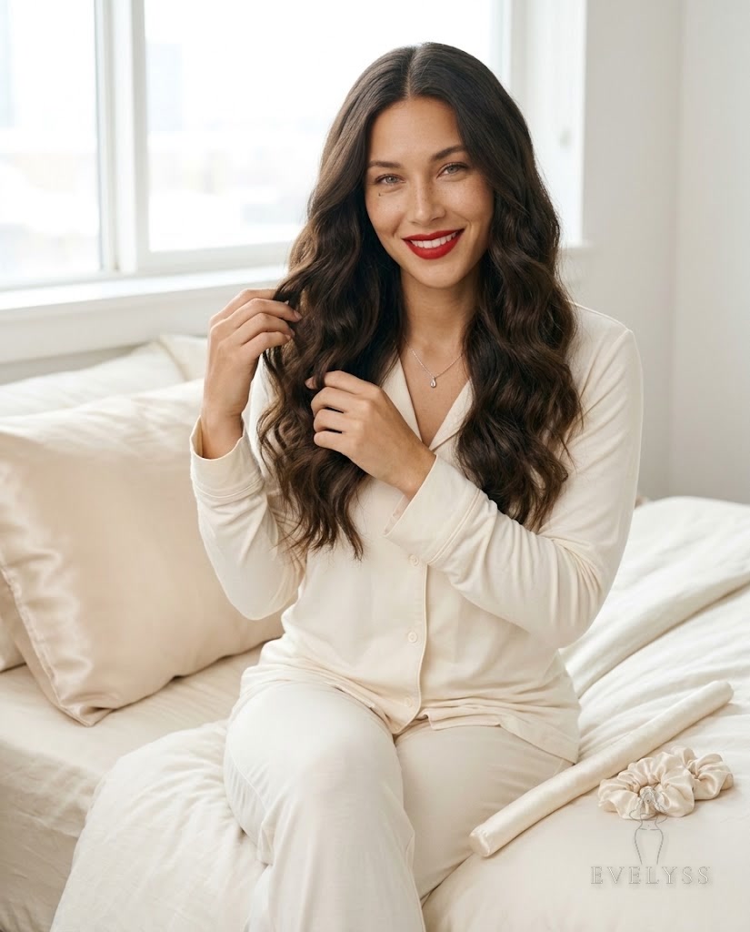 EVELYSS , a with espresso-brown center-part hair falling in soft, glossy heatless waves past her shoulders