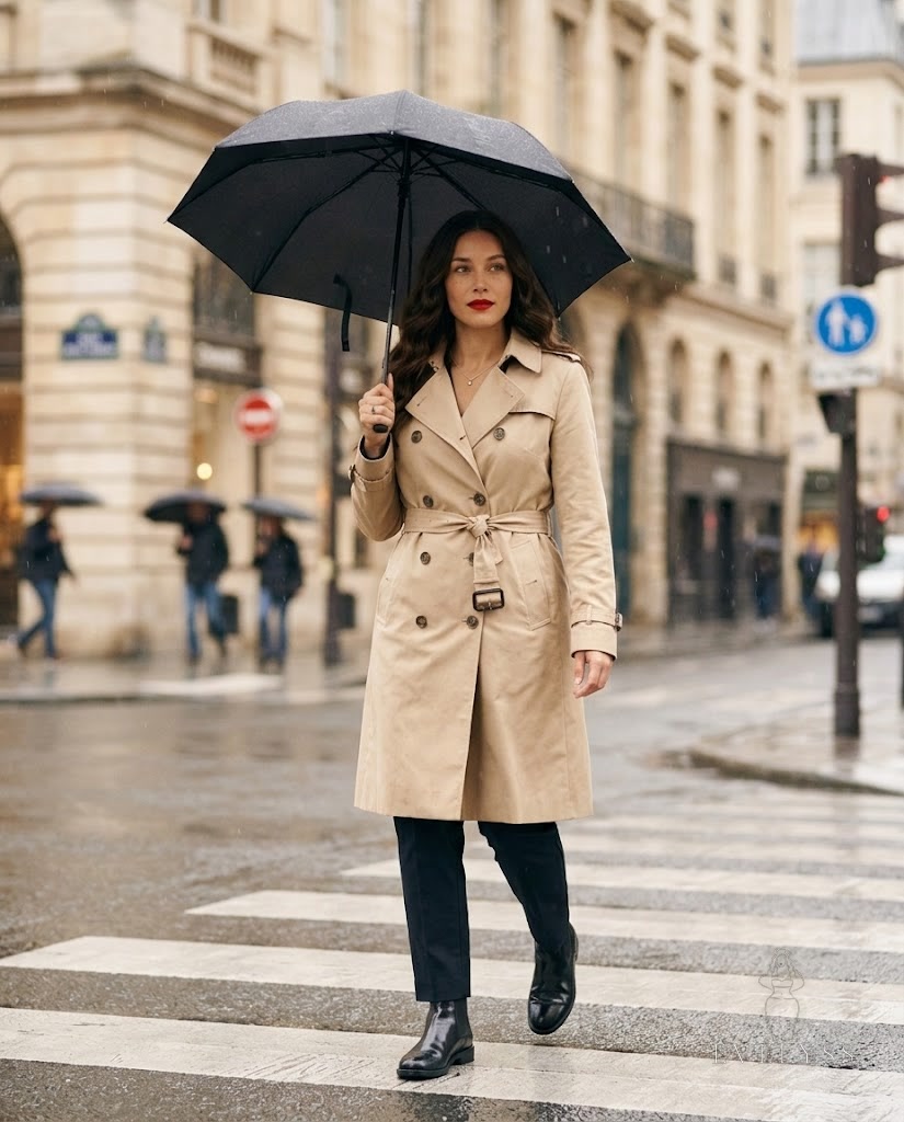 EVELYSS in a classic beige trench coat, a black umbrella, dark tailored trousers and sleek black waterproof boots