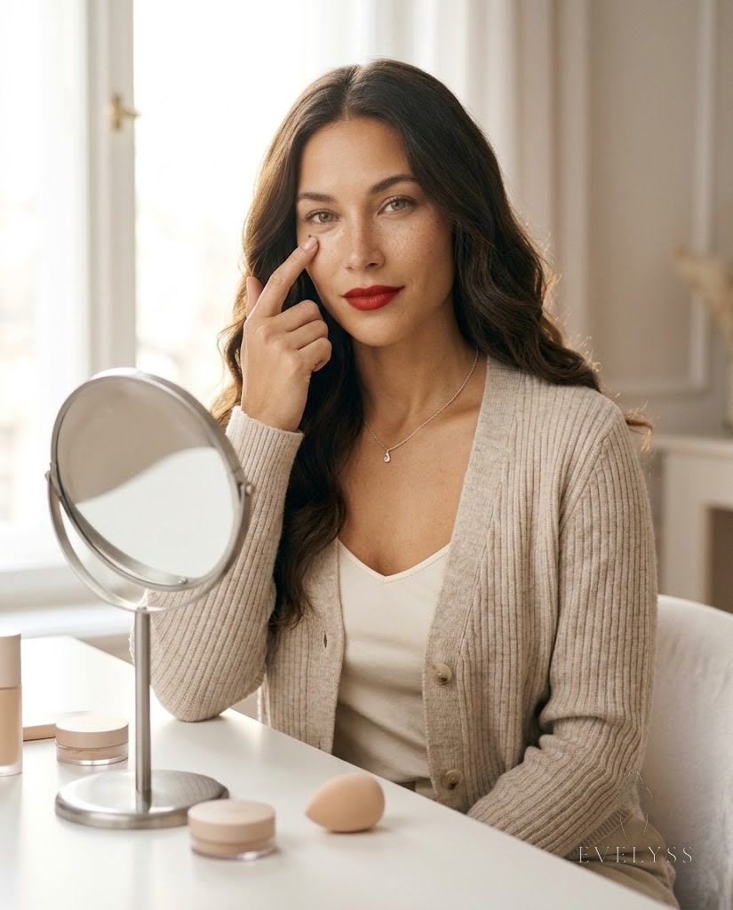 EVELYSS , a sits at a clean white vanity by a large window in soft morning winter daylight