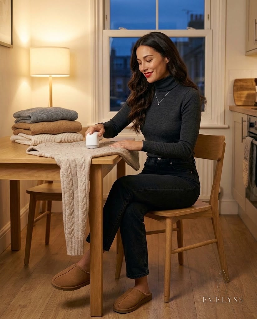 EVELYSS , a sitting at a pale oak kitchen table in a cosy terraced house on a dark November evening, warm lamplight