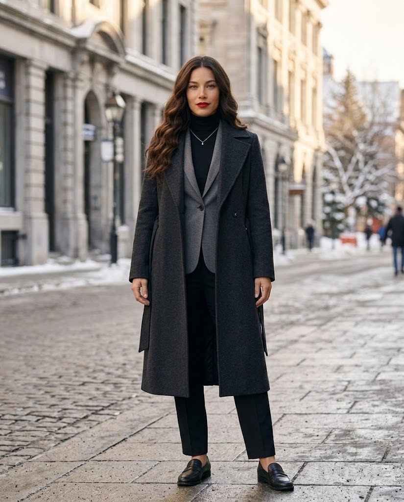 EVELYSS in a thin black turtleneck under a tailored grey blazer under a long belted charcoal coat