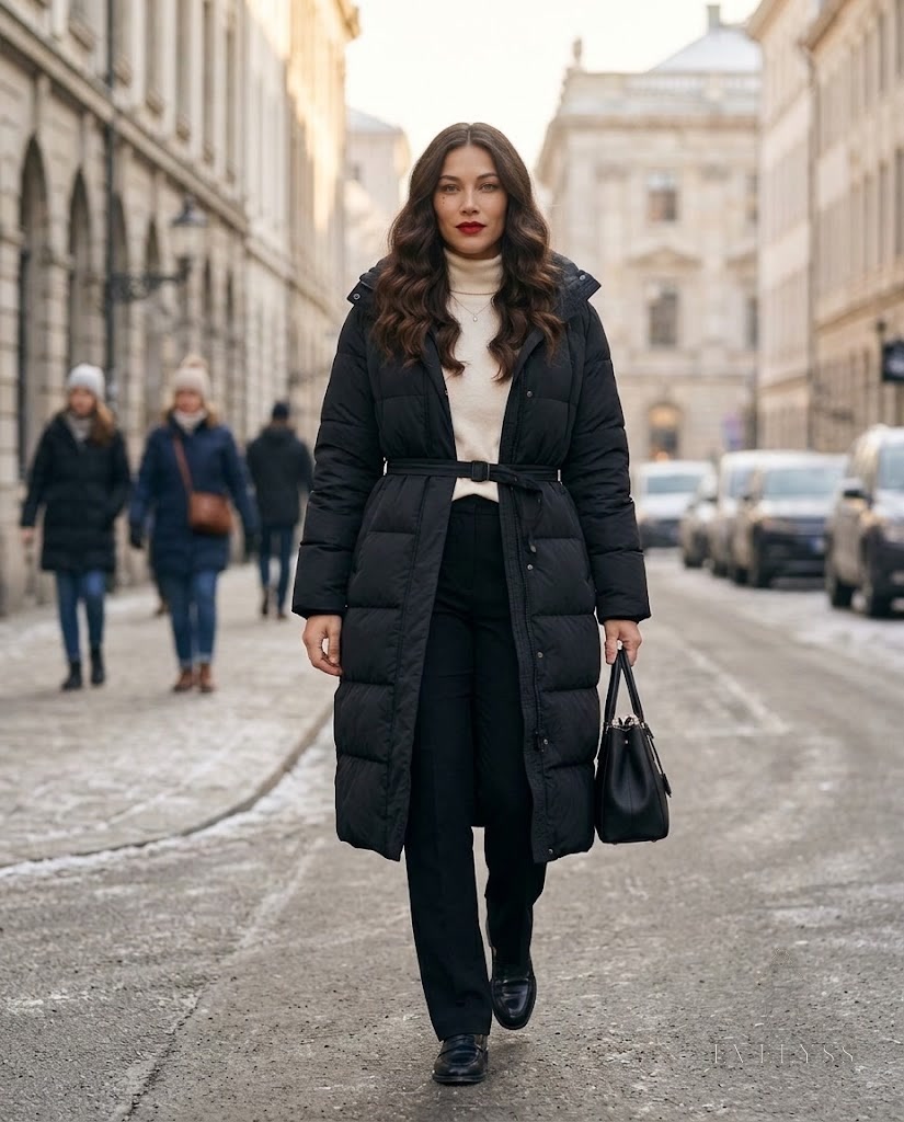 EVELYSS in a long black matte puffer coat cinched with a belt, over a cream roll-neck