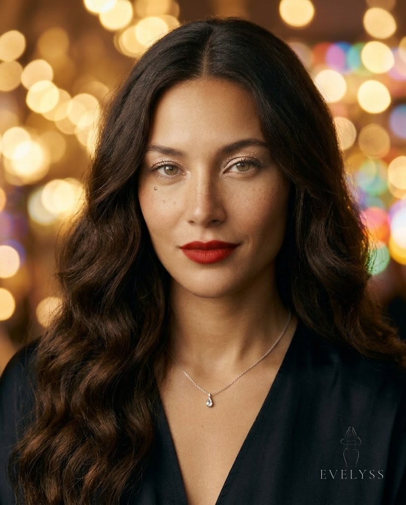 EVELYSS looks just past the camera with a soft champagne glitter shimmer on her eyelids, classic red lip