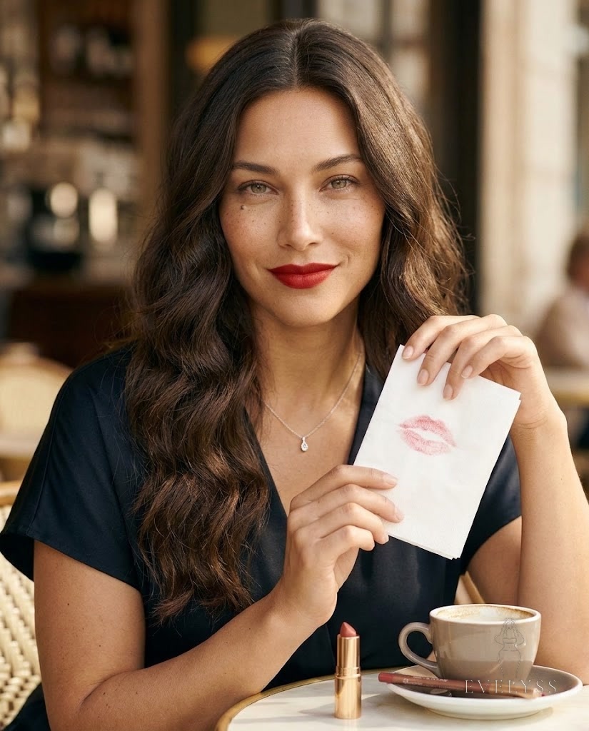 EVELYSS blotting her red lipstick at a café table