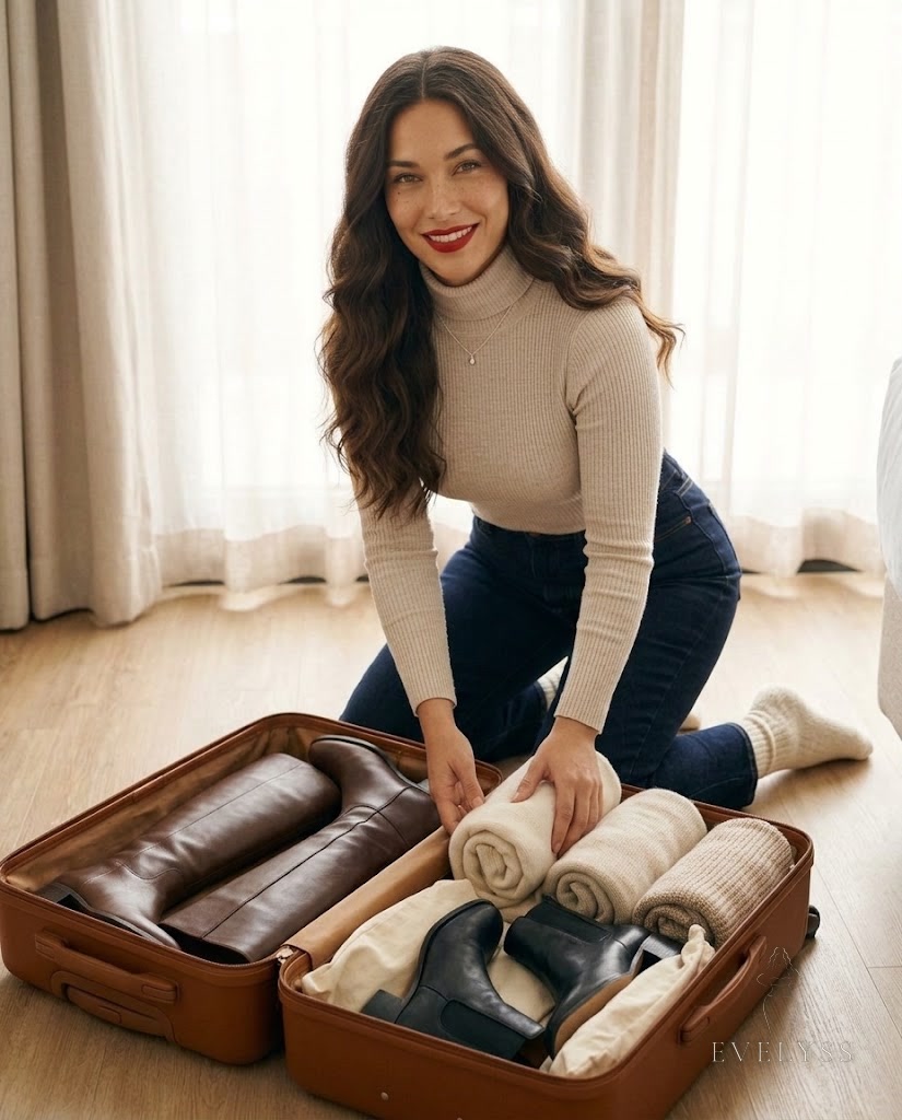 EVELYSS , a kneels beside an open plain cognac-brown hard-shell suitcase on a pale wooden floor in a bright