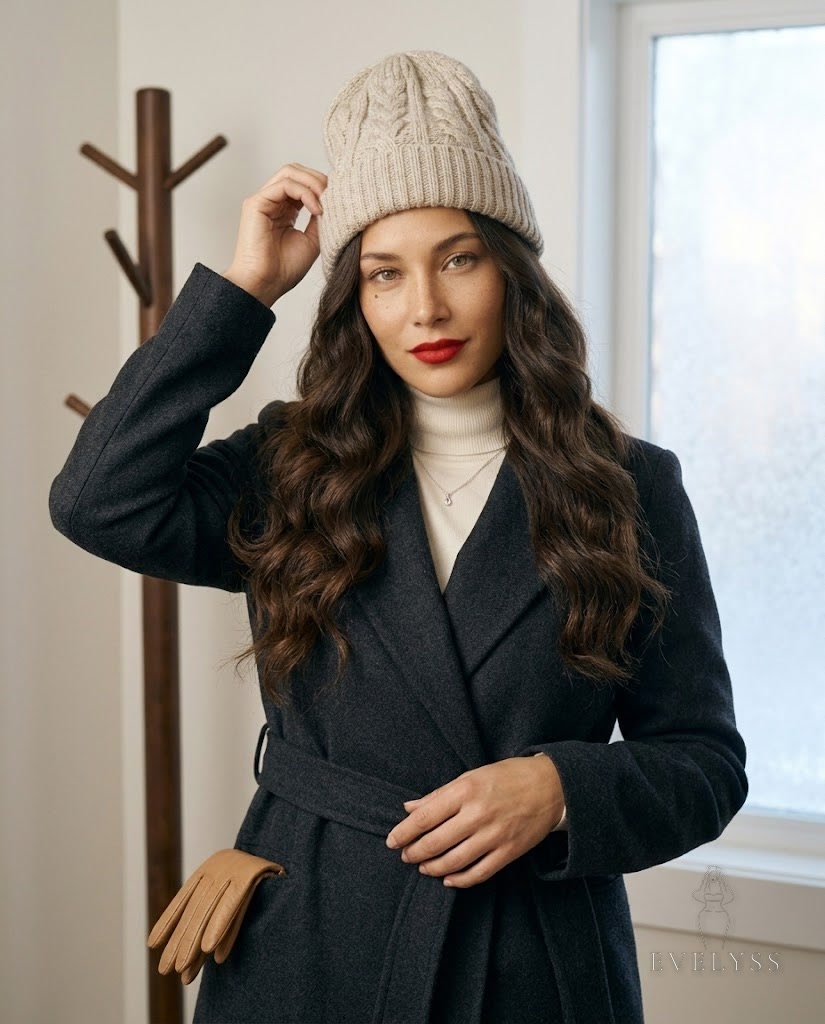EVELYSS in a bright entryway by a front door on a frosty winter morning, waist-up view