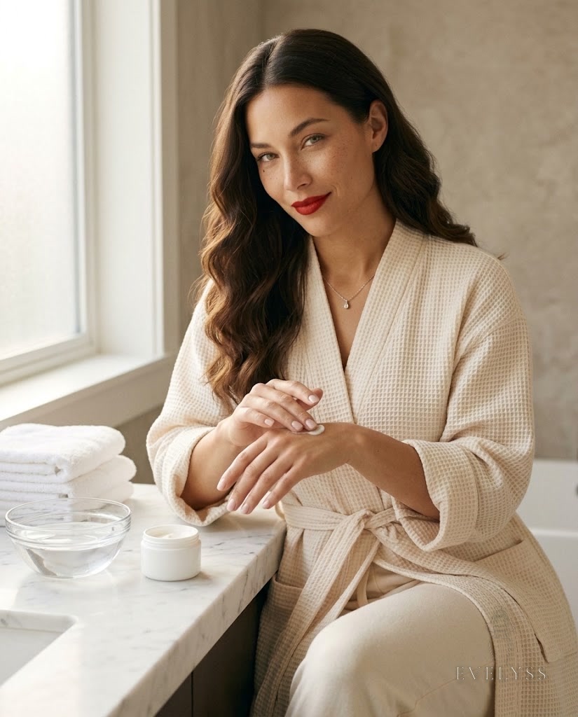 EVELYSS , a seated at a white marble bathroom counter in soft morning daylight from a frosted window