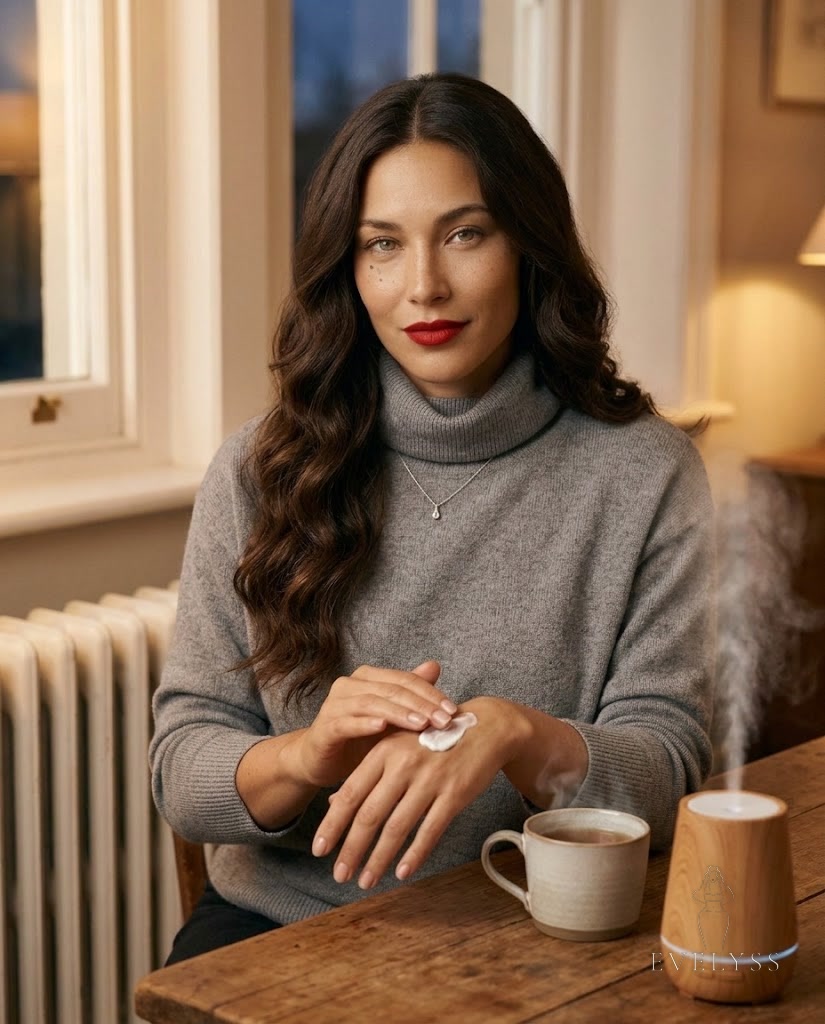 EVELYSS smooths rich cream onto the back of her hands, a soft grey knit jumper, a mug of tea beside her