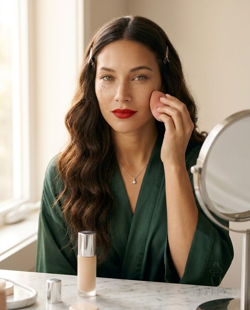 EVELYSS presses foundation onto her cheek with a damp makeup sponge, glowing hydrated skin with freckles visible