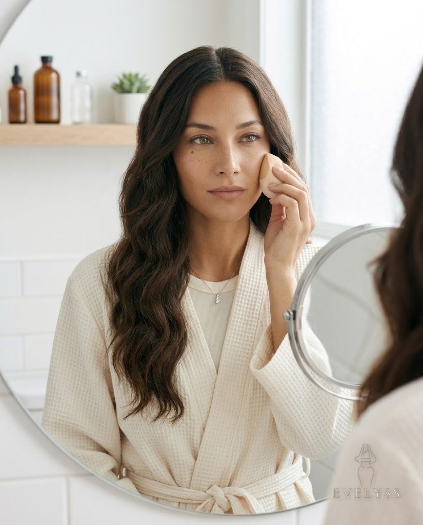 EVELYSS at a bright, uncluttered bathroom vanity on a winter morning, soft daylight from a frosted window
