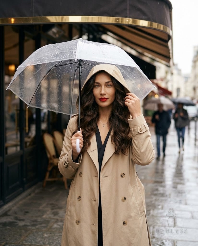 EVELYSS tucks smooth, glossy waves under the hood of a stylish trench coat, a clear umbrella in her other hand