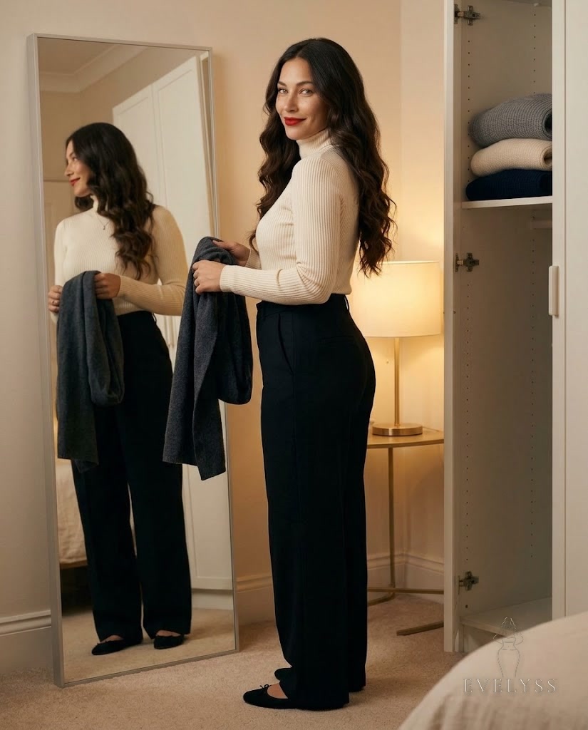 EVELYSS , a standing at a full-length mirror in a softly lit bedroom on a winter evening
