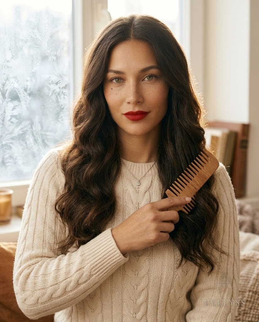 EVELYSS smooths her glossy espresso waves with one hand while holding a wide wooden comb, a cream knit jumper