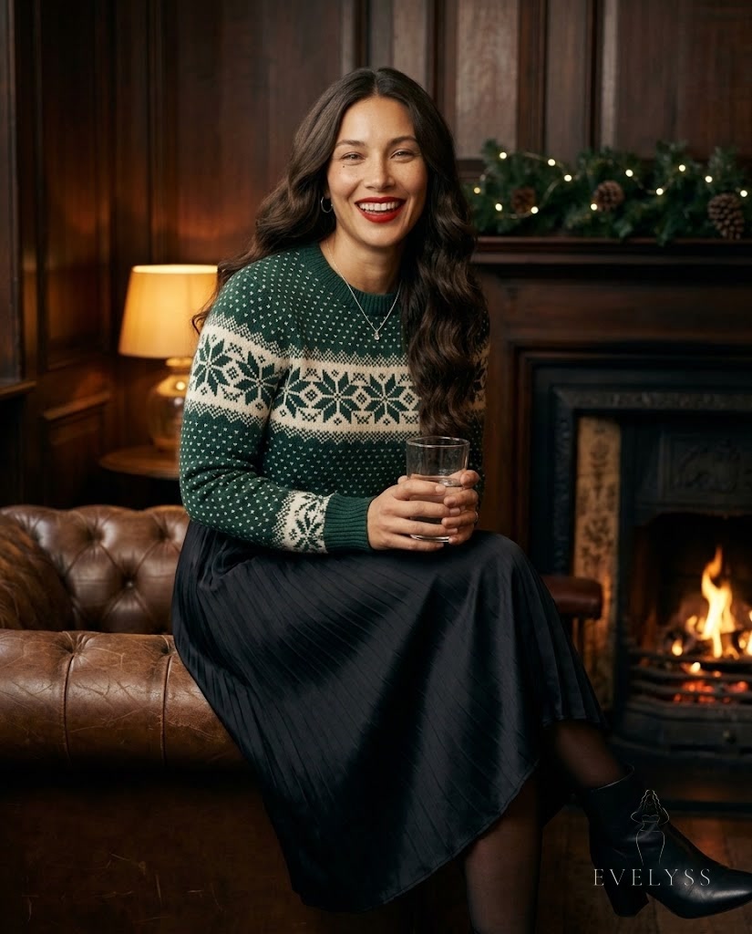 EVELYSS in a cosy London pub corner in December, dark wood panelling, a lit fireplace slightly out of focus
