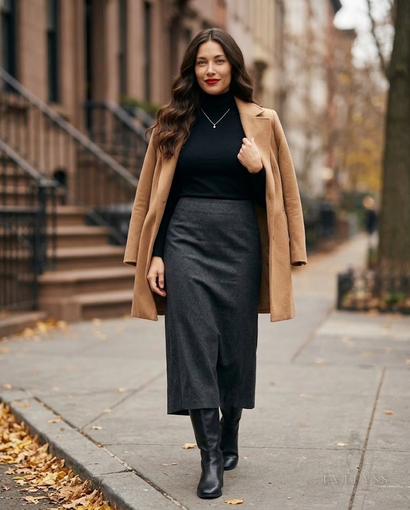 EVELYSS , a walks along a tree-lined city sidewalk on a crisp, overcast late-November afternoon